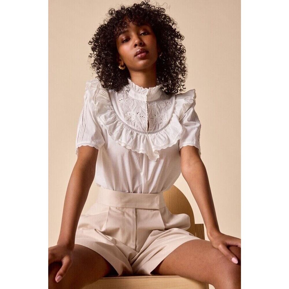 St. Roche Nan Top White Organic Cotton Ruffle Collar Size 6 MSRP $238